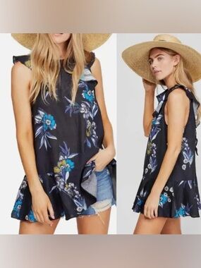 Sleeveless Black Floral Ruffle-Hem Women's Free People Summer in Tulum Tunic